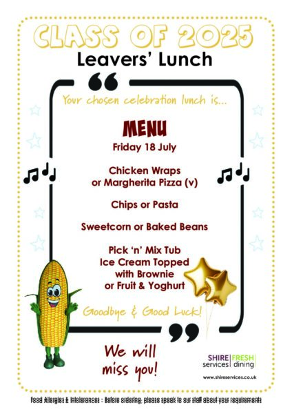 Leavers Lunch menu